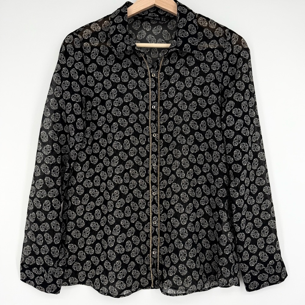 Zara Trafaluc Sheer Skull Chain Button Front Top Blouse Small